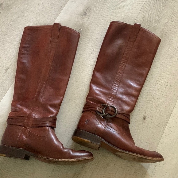 Frye Brown Shirley Leather Knee‎ High Tall Boots Women's Size 5 1/2 B riding - Picture 3 of 16
